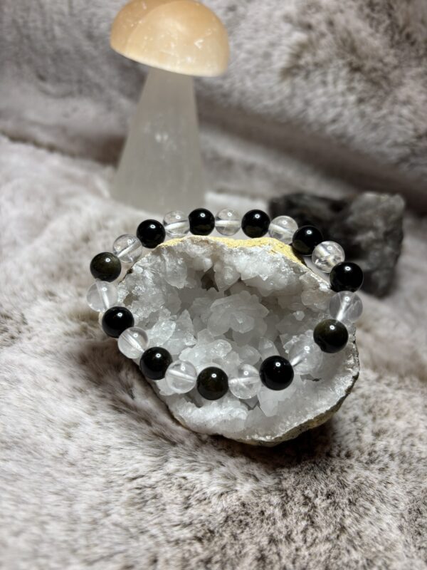 Armband - goud obsidiaan & bergkristal kogel 8 mm